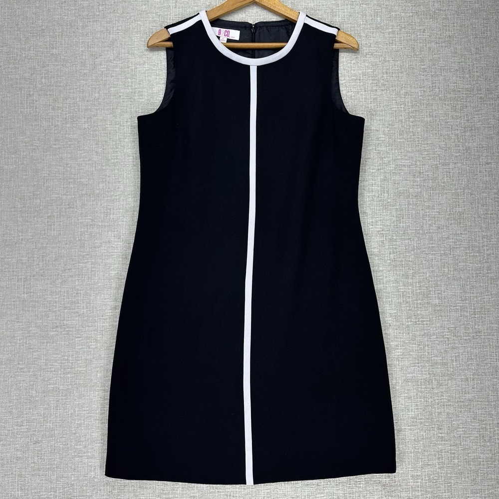 9‎ & CO. Dress Womens 12 Black White Shift Sleeveless Crew Neck Contrast Trim